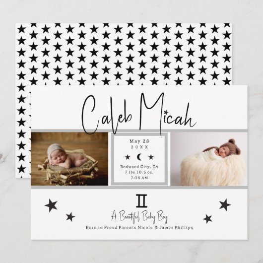 Gemini Stars Foto Baby Geburtsankündigung Einladung (Vorne/Hinten)