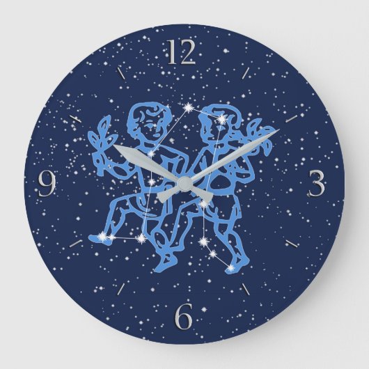 Gemini-Sternbild und Zodiaka-Zeichen mit Sternen Große Wanduhr (Vorderseite)