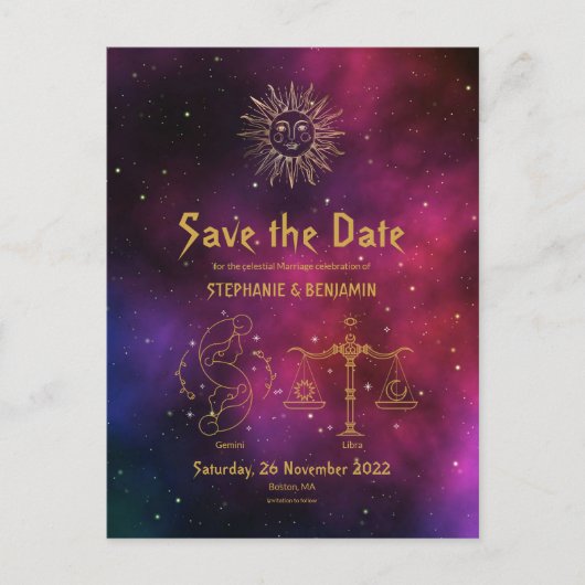 Gemini und Libra Typografie Zodiac Save the Date Ankündigungspostkarte (Vorderseite)