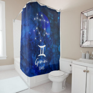Gemini Zodiac Constellation Blue Galaxy Monogramm Duschvorhang