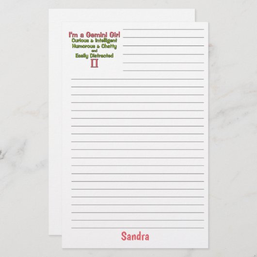 Gemini Zodiac für Mädchen mit Namen Briefpapier (Vorne/Hinten)