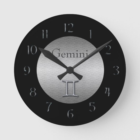 Gemini-Zodiac-Imitate, silber/schwarz gebürstet Runde Wanduhr (Vorderseite)