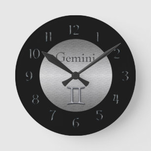 Gemini-Zodiac-Imitate, silber/schwarz gebürstet Runde Wanduhr