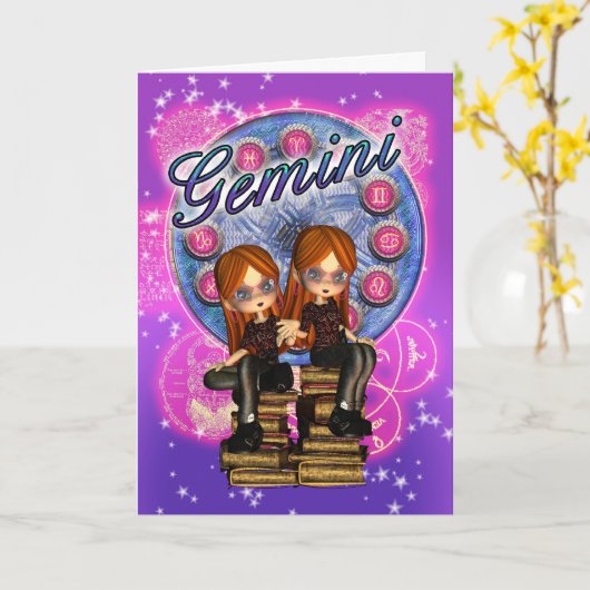 Gemini Zodiac Niedliche Karte mit zwei Mädchen auf (Gelbe Blume)