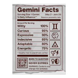Gemini Zodiac Nutrition Facts Poster - Off White