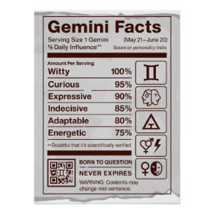 Gemini Zodiac Nutrition Facts Poster - Off White