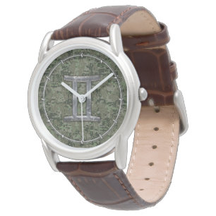 Gemini Zodiac Sign auf Green Digital Camouflage Armbanduhr