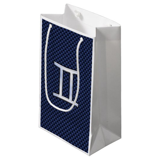 Gemini Zodiac Sign auf Navy Blue Carbon Fibre Prin Kleine Geschenktüte (Vorderseite Schrägansicht)
