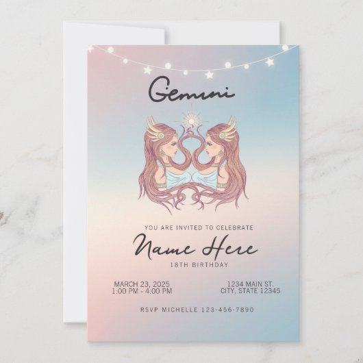 Gemini Zodiac Sign Geburtstag Einladung (Vorderseite)