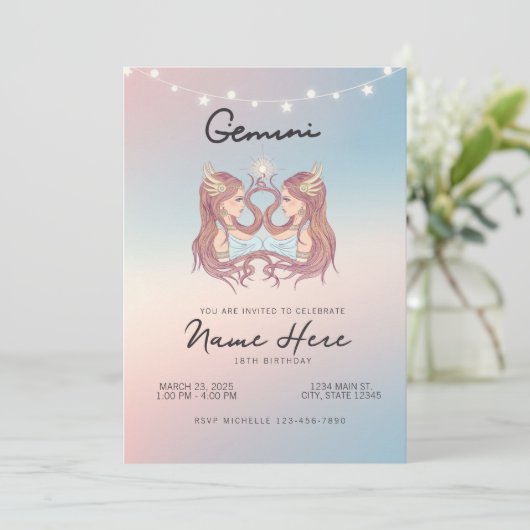 Gemini Zodiac Sign Geburtstag Einladung (Stehend Vorderseite)