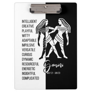 Gemini Zodiac Signature Black & White Clipboard Klemmbrett