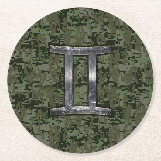 Gemini Zodiac signiert grüne digitale Camouflage Runder Pappuntersetzer (Vorderseite)