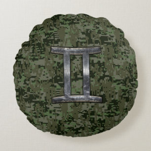Gemini Zodiac signiert grüne digitale Camouflage Rundes Kissen