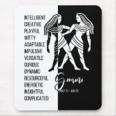 Gemini Zodiac Signu Mousepad, Schwarz & Weiß Mousepad (Vorne)