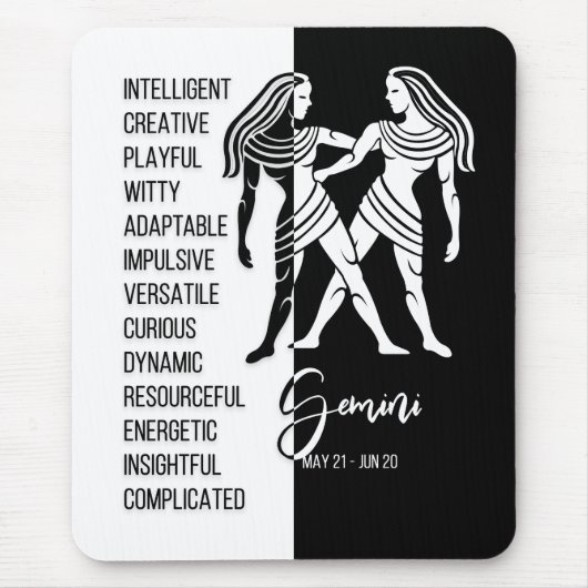 Gemini Zodiac Signu Mousepad, Schwarz & Weiß Mousepad (Vorne)