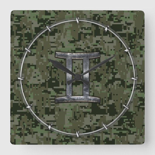 Gemini Zodiac Symbol auf grüner digitaler Camoufla Quadratische Wanduhr (Vorderseite)