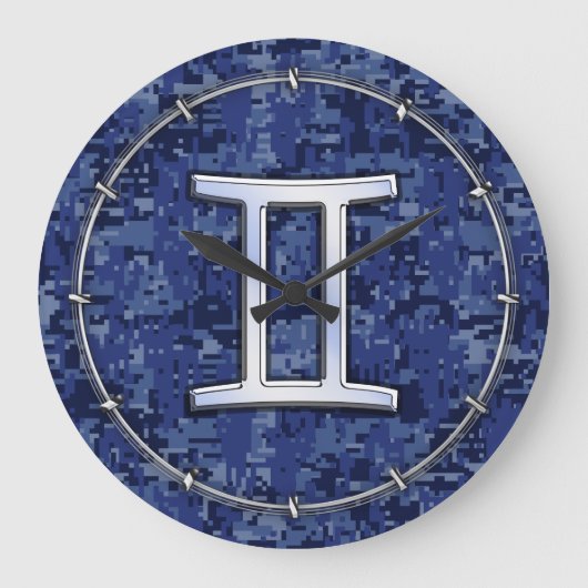 Gemini Zodiac Symbol Blue Digital Camouflage Große Wanduhr (Vorderseite)