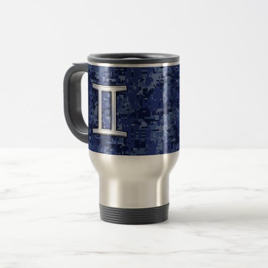 Gemini Zodiac Symbol Blue Digital Camouflage Reisebecher (Vorderseite Links)