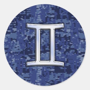 Gemini Zodiac Symbol Blue Digital Camouflage Runder Aufkleber