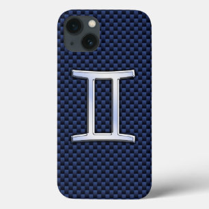 Gemini Zodiac Symbol Navy Blue Carbon Fiber Style iPhone 13 Hülle