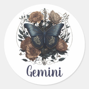 Gemini Zodiac Vintage Kunst mit dunkelblauem Text Runder Aufkleber