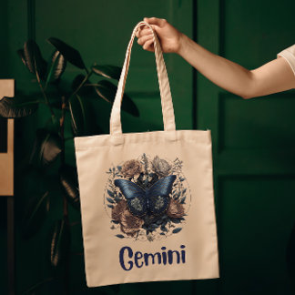 Gemini Zodiac Vintage Kunst mit dunkelblauem Text Tragetasche