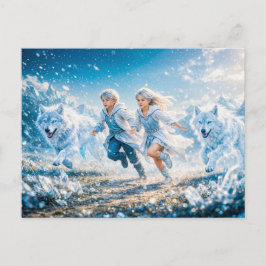 Gemini Zodiac with Twin Children and White Wolves Postkarte