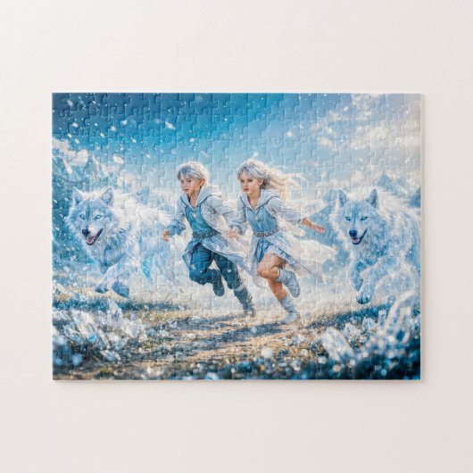 Gemini Zodiac with Twin Children and White Wolves Puzzle (Horizontal)