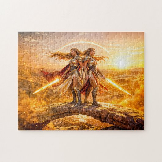 Gemini Zodiac with Twin Warrior Women and Glowing  Puzzle (Horizontal)