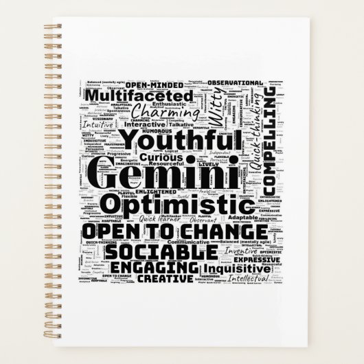 Gemini Zodiac Word Cloud Spiralplaner Planer (Vorderseite)