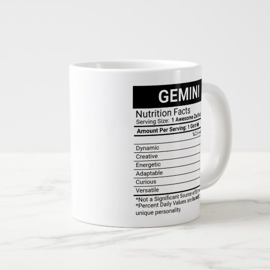 Gemini Zodiac-Zeichen mit Nährwerteinflüssen, Jumbo-Tasse (Vorderseite Rechts)