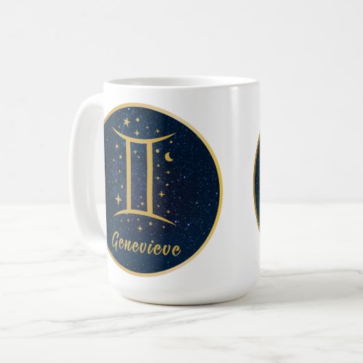 Gemini-Zodiasymbol, goldblaue Sterne personalisier Kaffeetasse (Vorderseite Links)