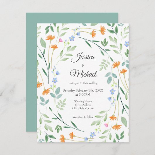 Gemischter Blumenrahmen mit Aquarellfarbe Einladung (Vorne/Hinten)
