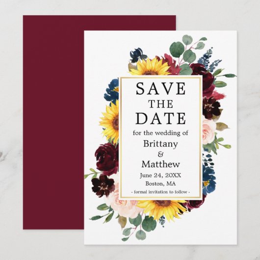 Gemischter Blütengoldrahmen mit Aquarellfarbe Save The Date (Vorne/Hinten)