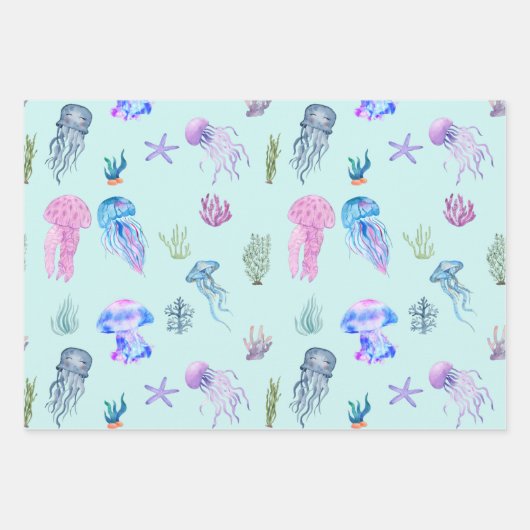 Gemischter Meeresfisch, Muscheln, Krebse, Quallen Geschenkpapier Set (Vorderseite 3)