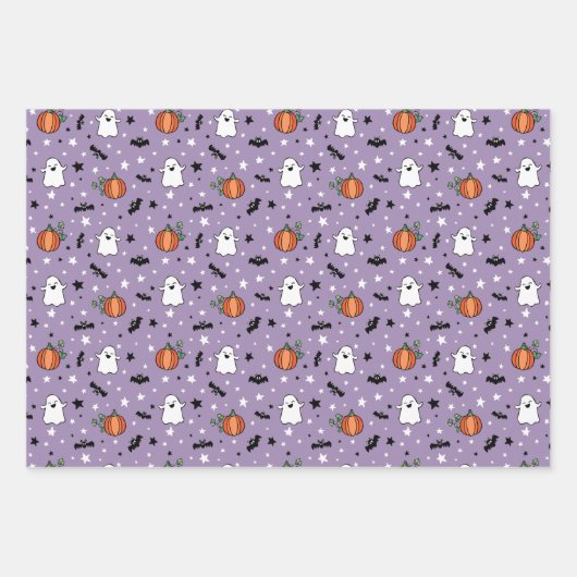 Gemischtes Lila Halloween-Muster Ghost Pumpkin-Bat Geschenkpapier Set (Vorderseite 3)