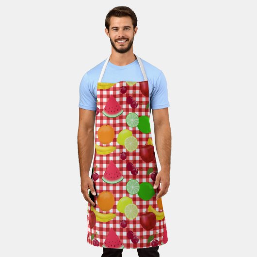 Gemischtes Obst Rot und Weißer Gingham Karo Schürze (Getragen)