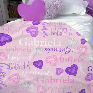 Gemstones hearts custom name pastel pink purple fleecedecke