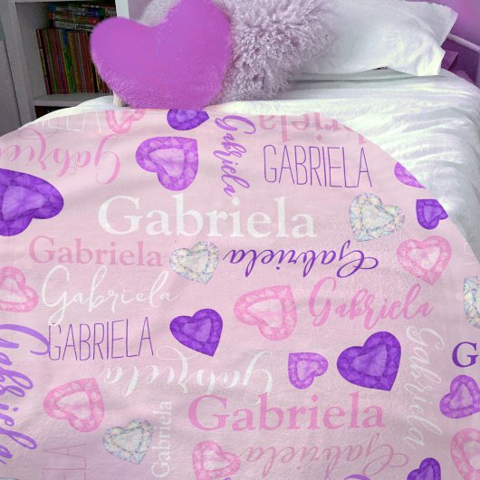 Gemstones hearts custom name pastel pink purple fleecedecke