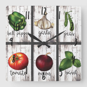 Gemüse & Kräuter Rustikale Moderne Küche Food Art Quadratische Wanduhr