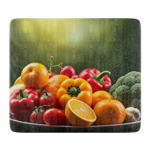 Gemüse und Obst auf dem Fach Schneidebrett (Vorderseite)