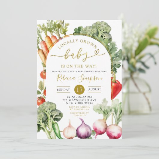 Gemüsebauernmarkt Babydusche Einladung (Stehend Vorderseite)