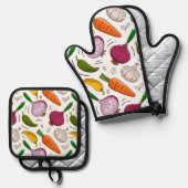Gemüsemuster Küche Schürze Ofenhandschuh & Topflappen-Set (Vorderseite/Rückseite)
