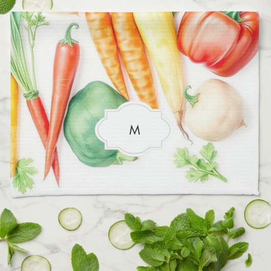 Gemüsemuster mit Monogramm Geschirrtuch (Gefaltet)