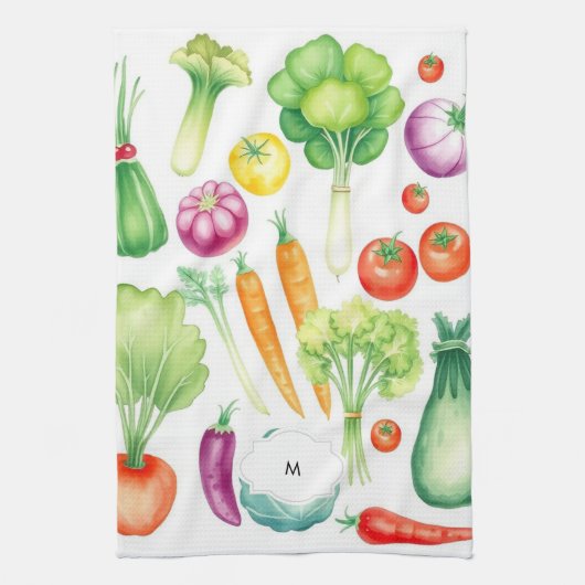 Gemüsemuster mit Monogramm Geschirrtuch (Vertikal)
