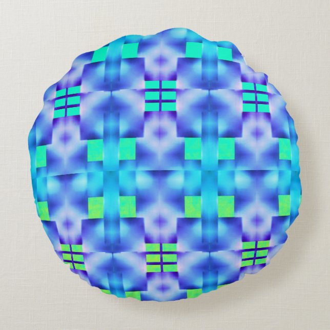 Gemustert in fett blauen und hellgrünen Formen Rundes Kissen (Rückseite)
