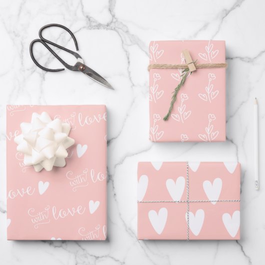 Gemustert rosa Blüte mit Liebe Geschenkpapier Set (Vorderseite)