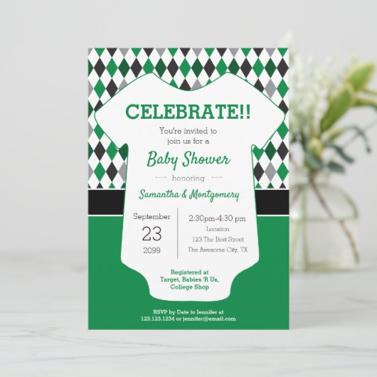 Gemusterte Babydusche mit grüner und schwarzer Rau Einladung (Stehend Vorderseite)