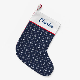 Gemusterte blaue und weiße Anker der Nautischen Ma Kleiner Weihnachtsstrumpf