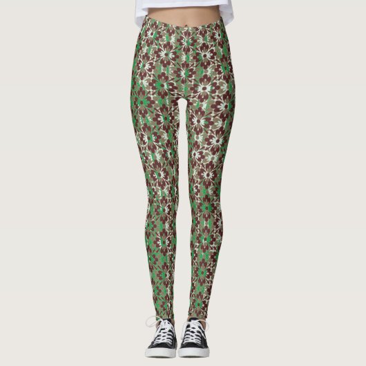 Gemusterte Blume in Grau, Rot und Grün Leggings (Vorderseite)